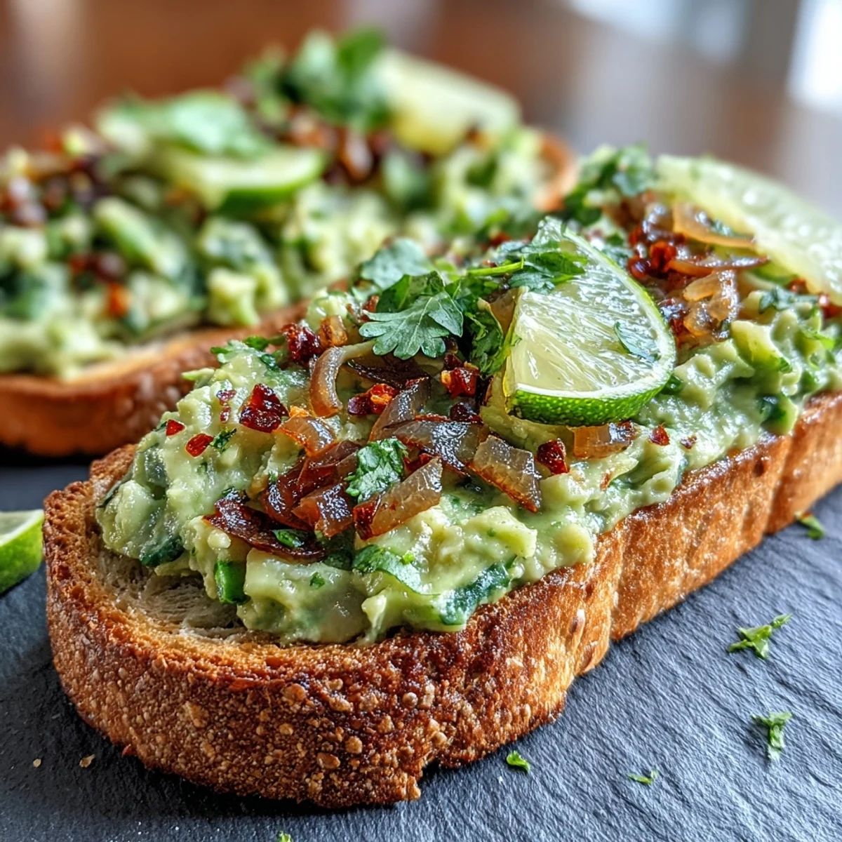 Crisp Chilli-Lime Avocado Toast garnished with fresh cilantro, served on a rustic wooden board ready for brunch.