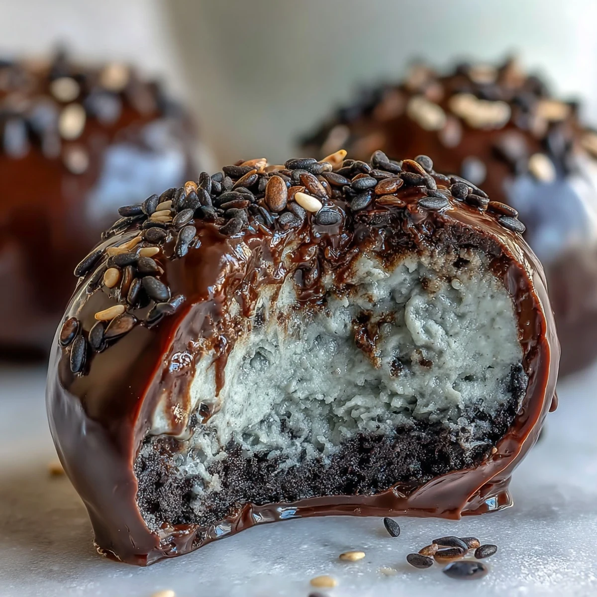 Genieße das Black Sesame Mochi Ice Cream gestapelt auf einer Porzellantasse mit grünem Tee und Eiswürfeln.