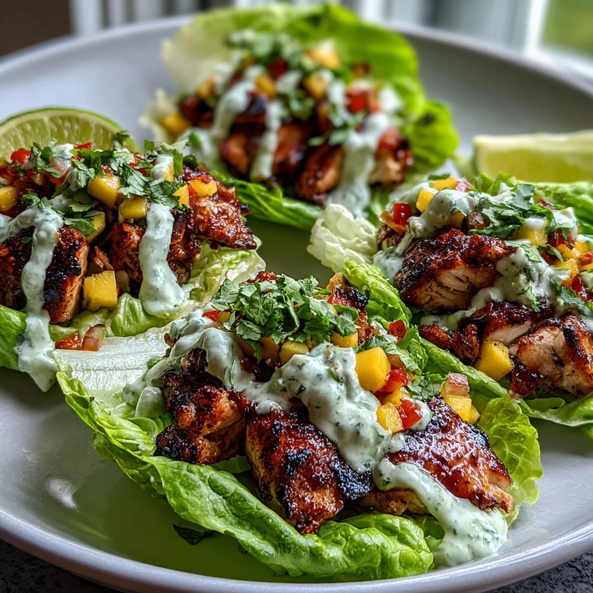 Tender jerk-seasoned chicken nestled in crisp lettuce cups, topped with vibrant mango salsa and a tangy coconut crema drizzle.
