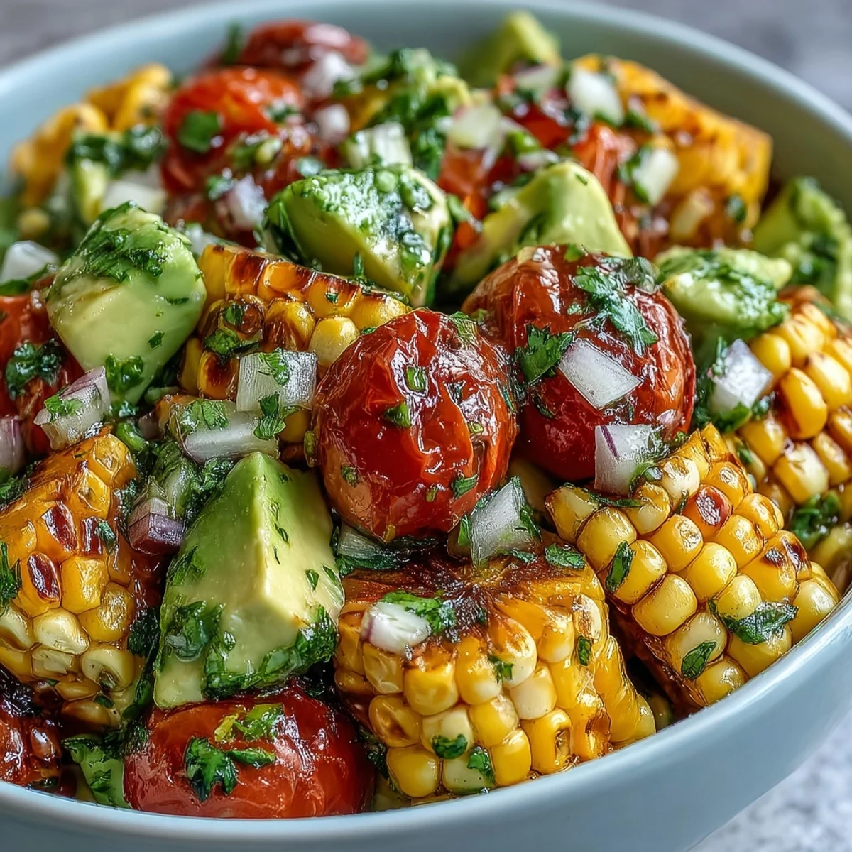 Sommerlicher Summer Corn, Tomato, and Avocado Salad with Lime Vinaigrette mit zitronigem Dressing und frischen Kräutern für eine leichte Mahlzeit