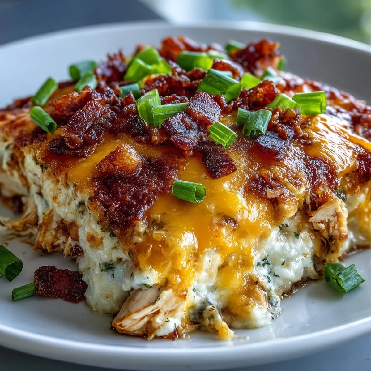 Gekochtes Keto Jalapeño Popper Chicken Casserole mit Blumenkohlreis mit knusprigem Bacon und geschmolzenem Käse aus dem Ofen.