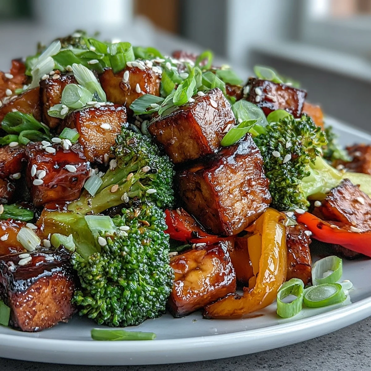 Farbenfrohes Vegan Teriyaki Tofu Sheet Pan Stir-Fry mit knusprigem Tofu und buntem Gemüse serviert.