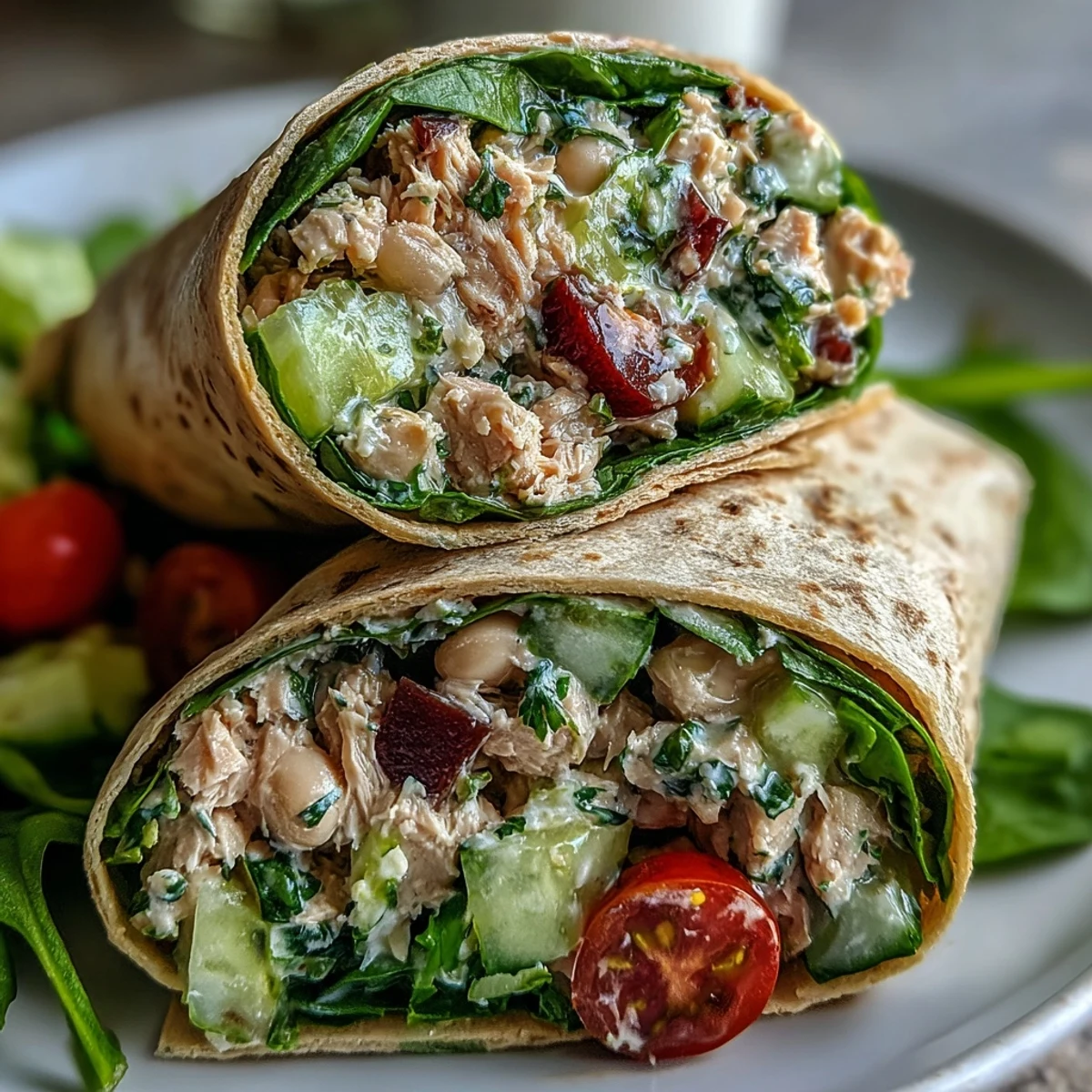 10-Minute Tuna and White Bean No-Mayo Salad Wraps with spinach tortillas, stuffed with flaky tuna, creamy beans, and vibrant diced veggies.