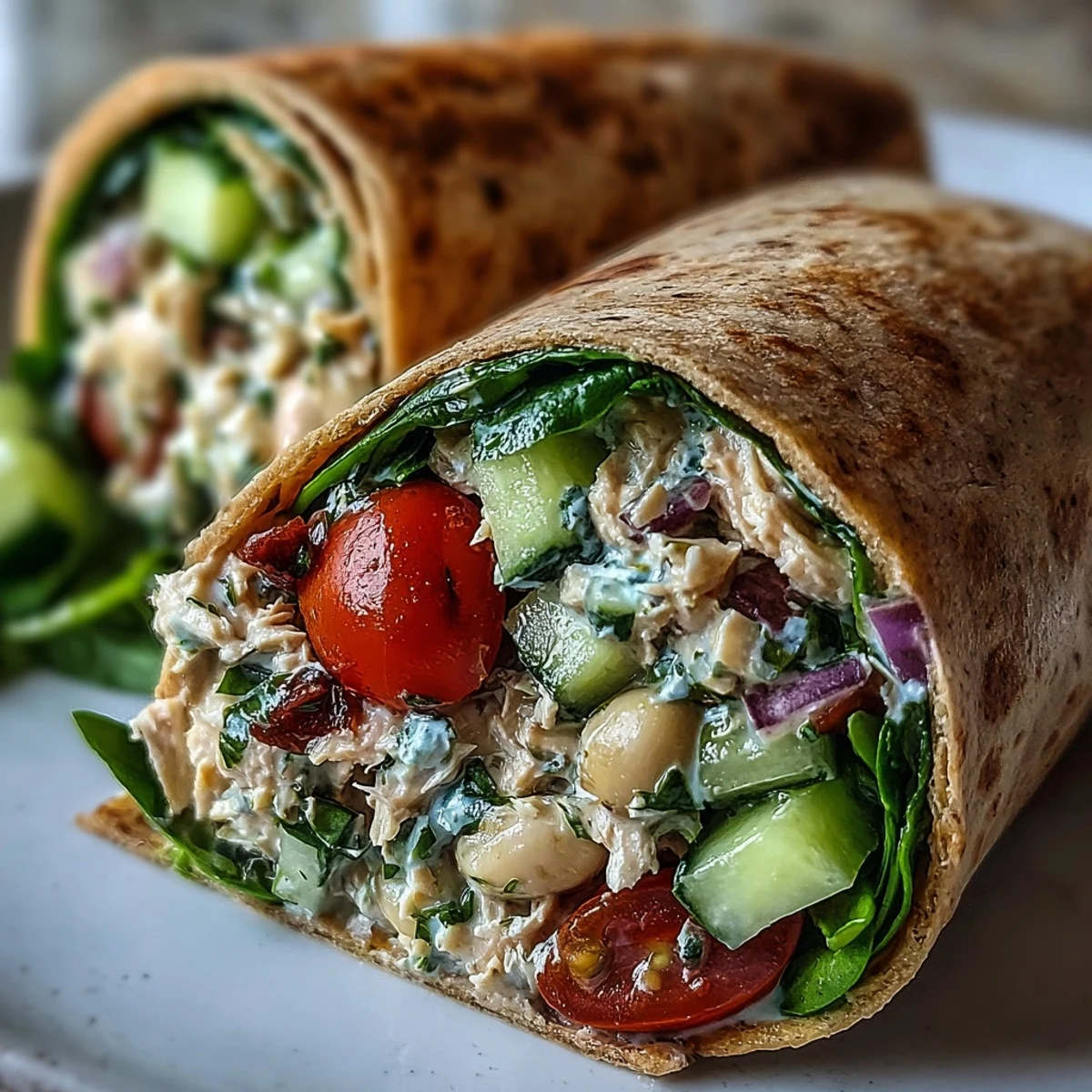 Overhead view of 10-Minute Tuna and White Bean No-Mayo Salad Wraps packed in parchment, a healthy on-the-go meal with spinach greens and tomatoes.