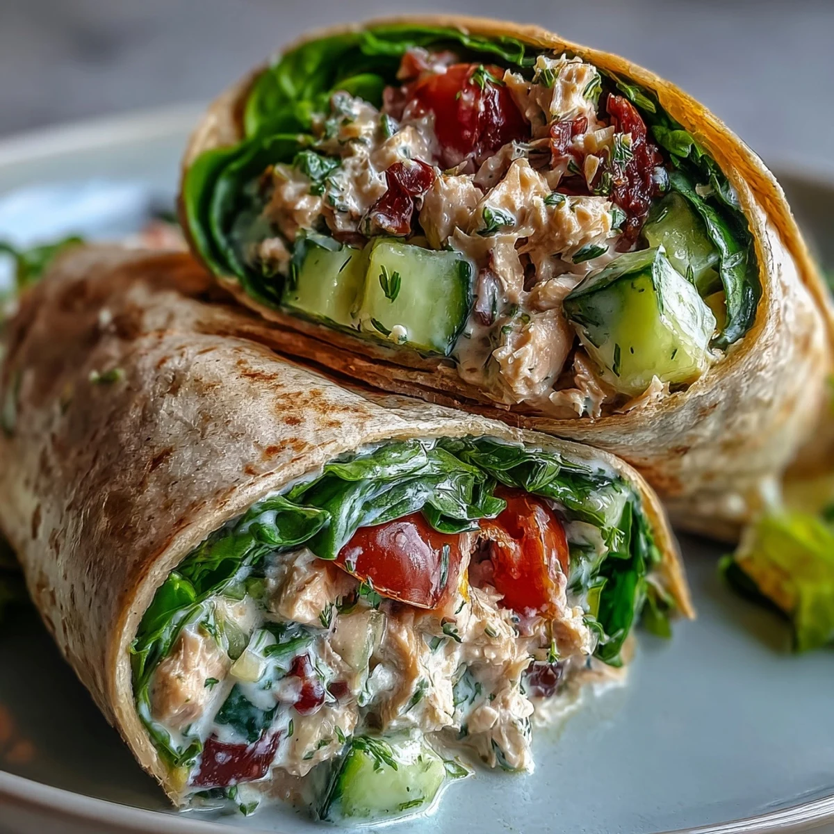 Two 10-Minute Tuna and White Bean No-Mayo Salad Wraps cut on a board, zesty lemon dressing, ready for a quick Mediterranean-inspired lunch.