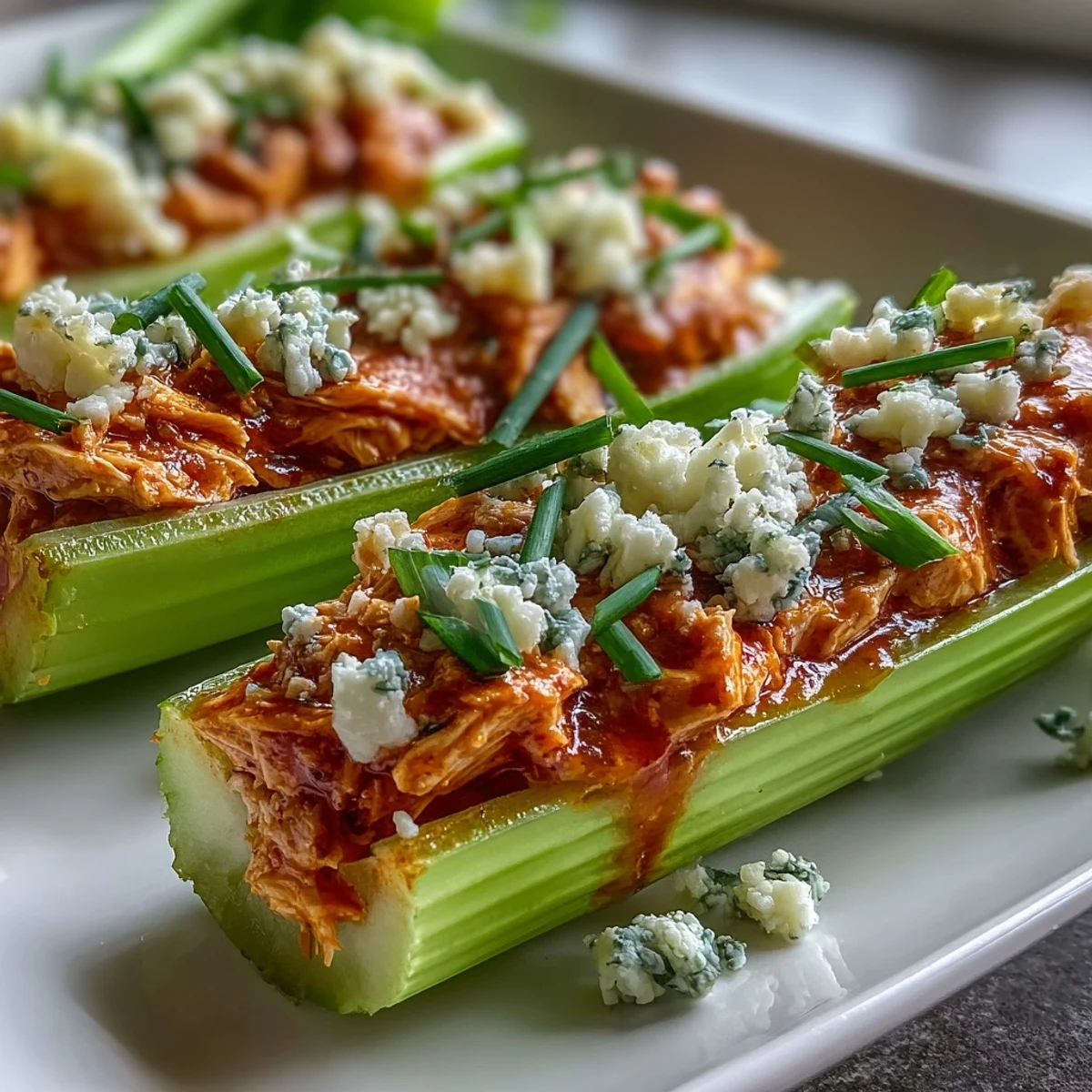 Fresh celery sticks overflowing with warm buffalo chicken mixture, garnished with chives, for Keto Buffalo Chicken Stuffed Celery Boats.