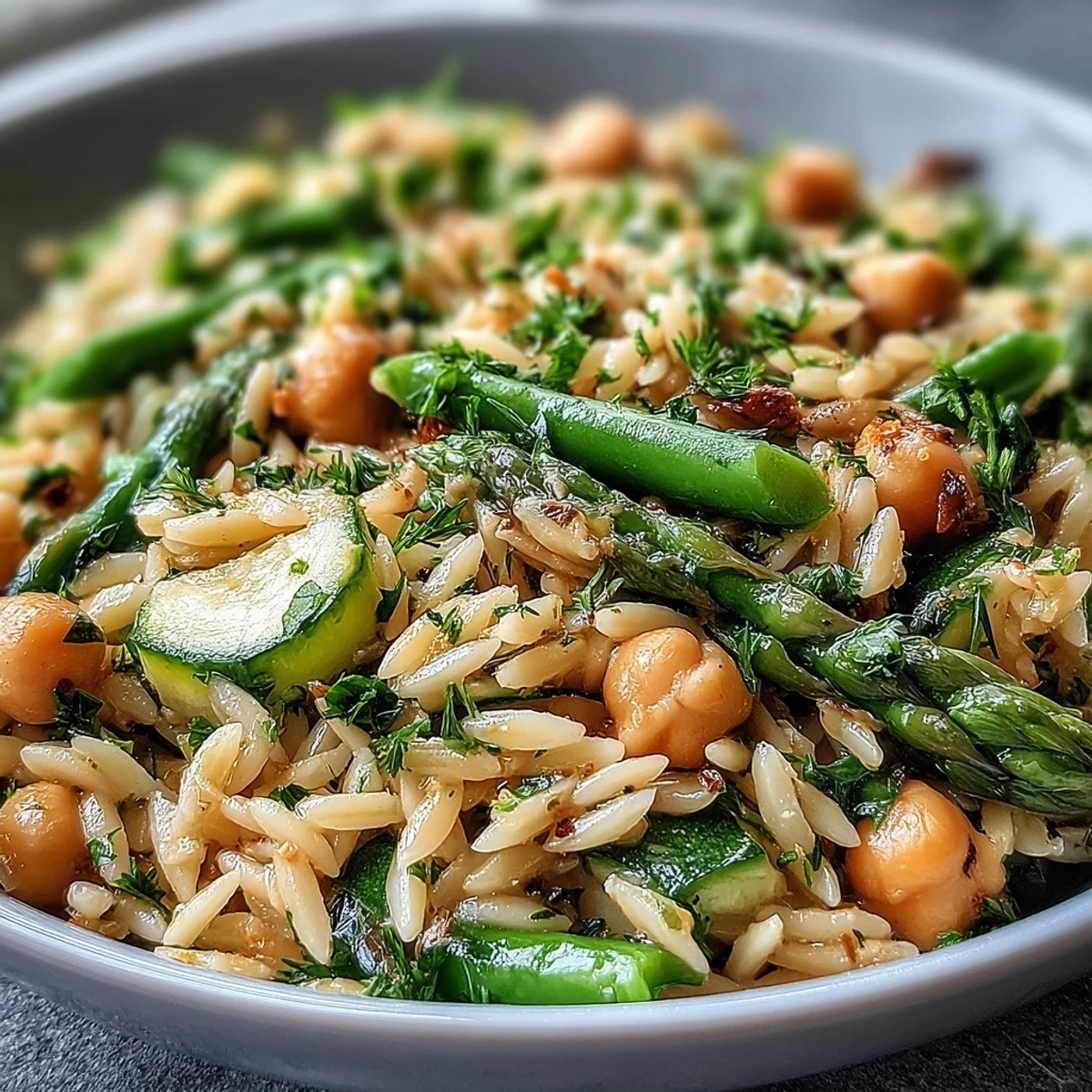 One-Pot Lemon Herb Orzo with Chickpeas and Spring Veggies in a skillet.