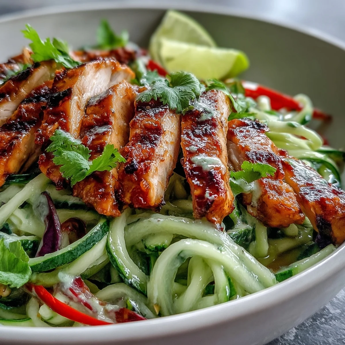 Slices of Summer Detox Cucumber Noodle Salad with Chili-Lime Grilled Chicken on a plate, bright veggies and fresh cilantro.