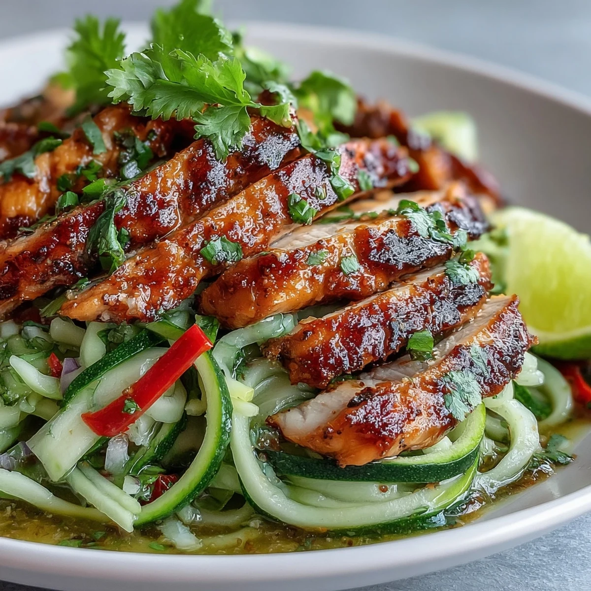 Grilled chicken strips rest on vibrant Summer Detox Cucumber Noodle Salad with red cabbage, carrots, and cherry tomatoes.