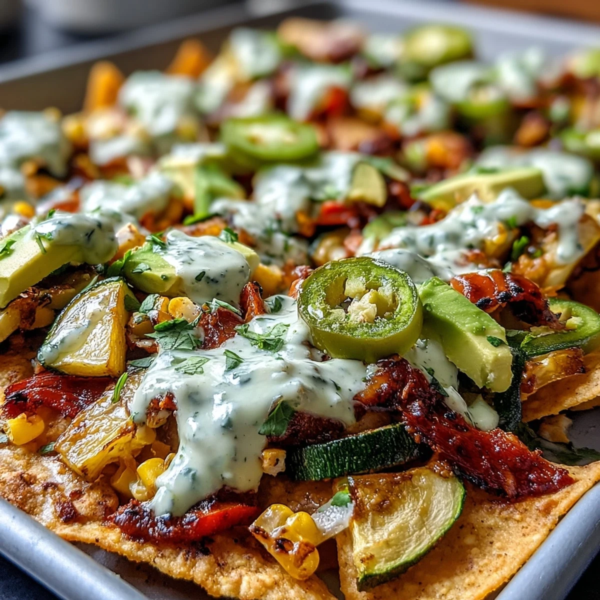 Sheet Pan Salsa Verde Veggie Nachos with Cashew Queso on a baking sheet with roasted veggies and creamy sauce.