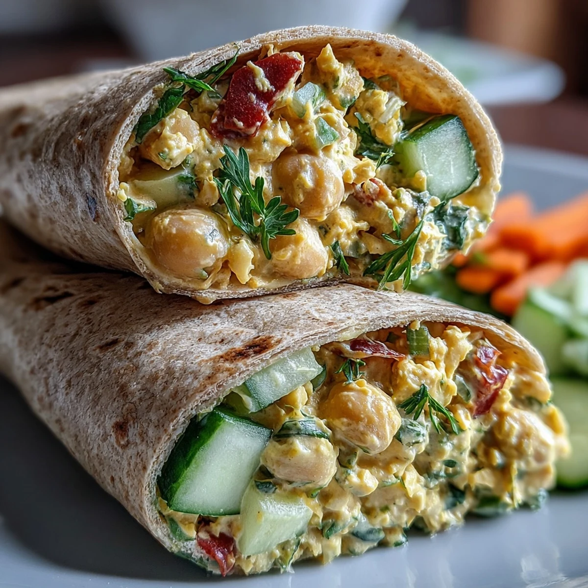 Fresh Vegan Coconut Curry Chickpea Salad Wraps served on a plate, garnished with lime wedges for extra zing.