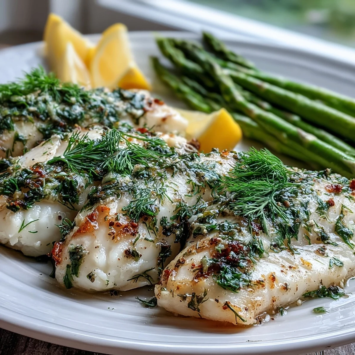 Freshly baked Lemon Herb Tilapia with bright green steamed asparagus ready to eat for dinner.
