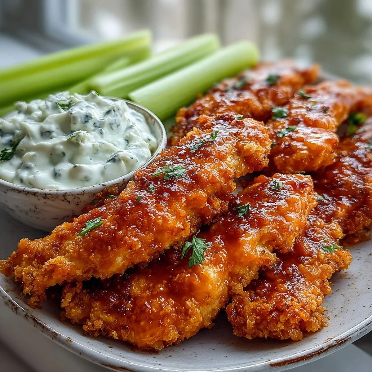 Keto Buffalo Ranch Chicken Tenders mit Celery Sticks auf einem hellen Teller, wobei die chicken tenders im glänzenden Buffalo-Sauce gemalt sind.