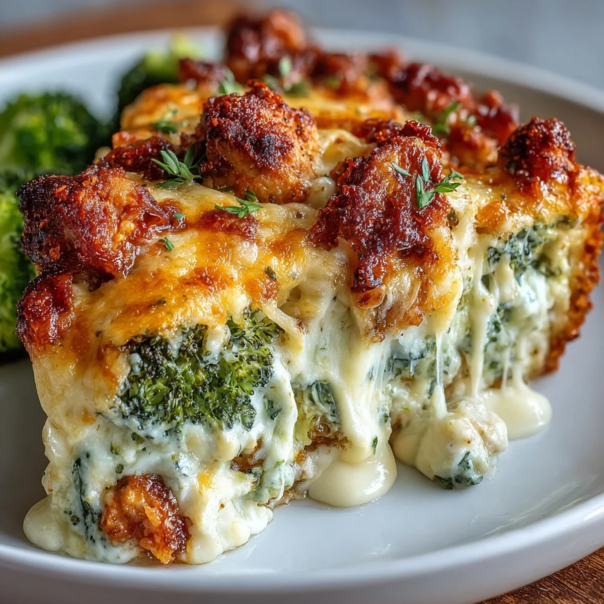 Creamy Keto Cheesy Broccoli Chicken Bake with tender chicken and bright green broccoli florets.