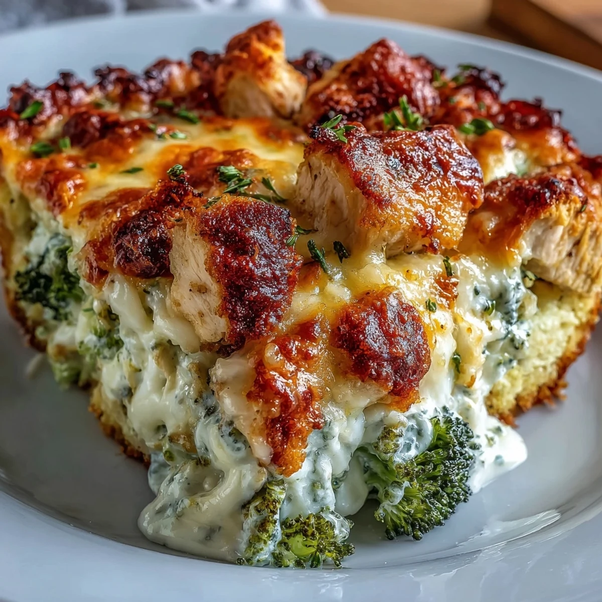 Spiced Keto Cheesy Broccoli Chicken Bake plated with a fresh salad for a complete dinner.