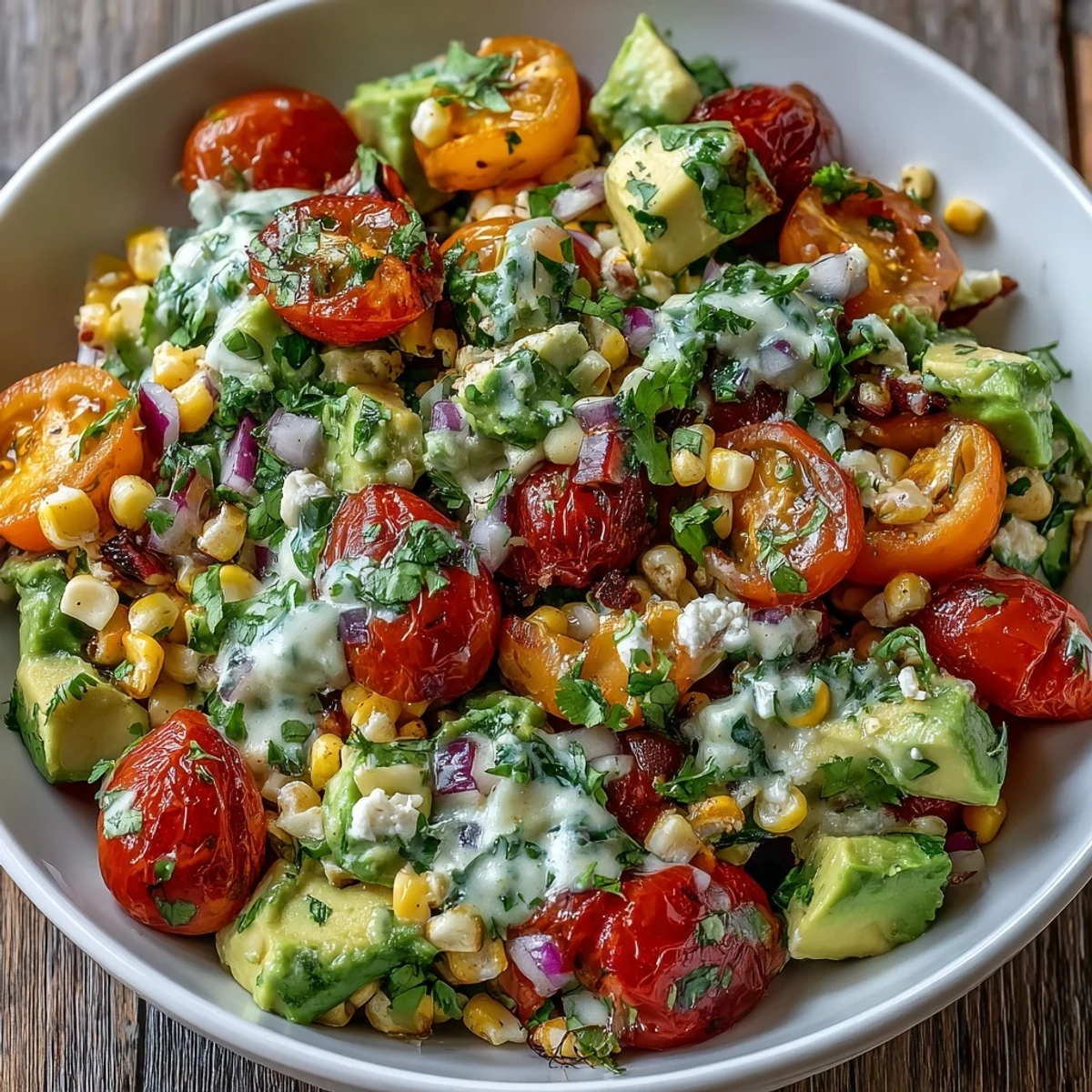 Fresh Corn and Tomato Salad with Avocado and Lime in a rustic bowl, bright cherry tomatoes and diced avocado mixed with sweet corn and herbs.