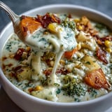 Creamy Garlic Parmesan Veggie Soup served with crusty bread for dipping, showcasing vibrant corn and broccoli inside.