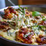 One-Pan Creamy Chicken Lasagna Orzo simmering in a skillet with bubbling mozzarella and fresh basil garnish.