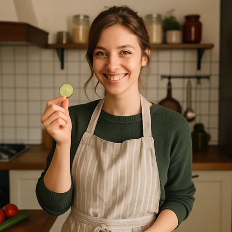 Eine Frau mit dem Namen Lena Lecker, die eine Zwiebel in der Hand hält.