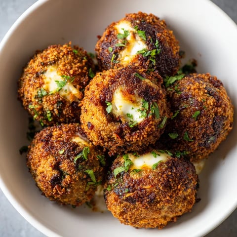 Ein weißer Teller mit Frikadellen, die mit Mozzarella-Kernen und Tomaten-Kräuter-Krusten garniert sind.