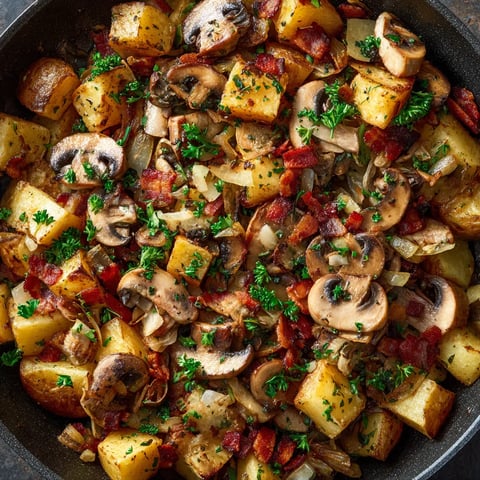 Eine Schnelle Kartoffel-Pilz-Pfanne mit Speck, die mit verschiedenen Zutaten wie Pilzen, Kartoffeln, Speck und Zwiebeln zubereitet wurde.