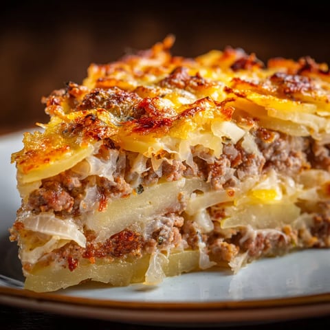 Ein großes Stück Sauerkraut-Kartoffel-Gratin mit Hackfleisch auf einem Teller.