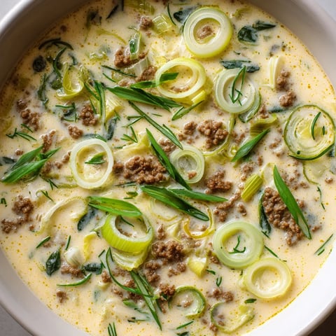 Eine Käse-Lauch-Suppe mit Hackfleisch in einem weißen Behälter.