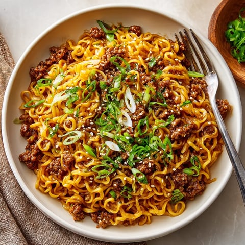 Ein weißer Teller mit Mongolischen Nudeln und Hackfleisch.