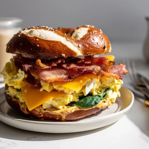 Frühstückssandwich aus Brezelbageln mit Rührei, knusprigem Speck und geschmolzenem Käse.