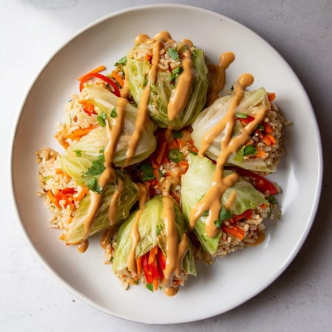 Savoy Cabbage Rolls with Thai peanut sauce, a colorful dish with vibrant flavors, ready to eat.
