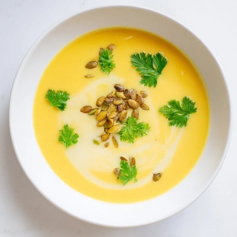 Creamy pumpkin soup with crusty bread, garnished with fresh herbs, a warming autumn meal.