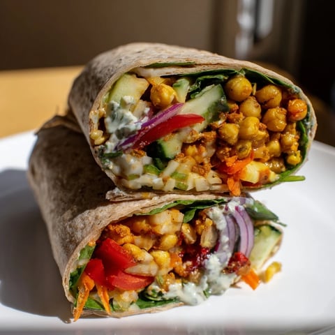 Flavorful chickpea & vegetable wraps, overflowing with vibrant veggies and creamy yogurt sauce.