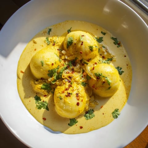 Golden curry coconut sauce coats fluffy Curry Comfort Potato Dumplings, a delightful fusion dish.