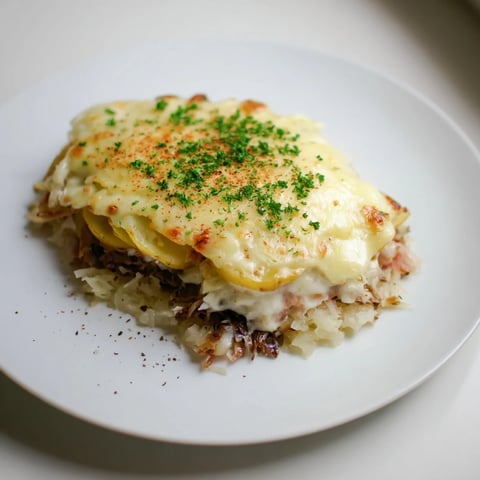 Golden, bubbly Effortless Sauerkraut Casserole with melted cheese, ready to serve with fresh parsley.