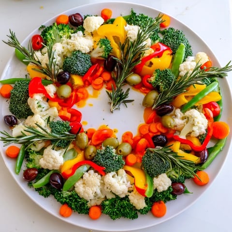 Festive vegetable garland veggie wreath with colorful tomatoes and bell peppers, perfect appetizer.