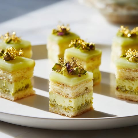 Ausschnitt der Grenouille Royale Petits Fours, verziert mit gehackten Pistazien und einem glänzenden Zitrusglaser.