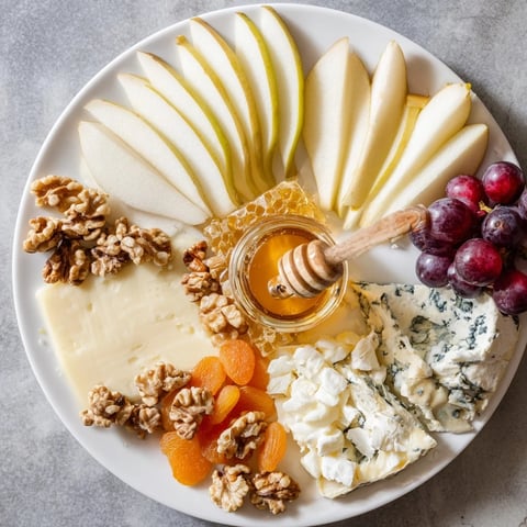 Golden honeycomb and artisanal cheeses elegantly arranged on a Honeycomb, Honey & Cheese Board.