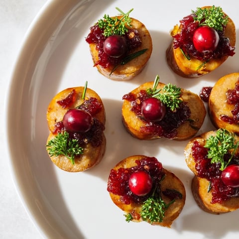 Golden-brown Festive Holly Berry Sausage Bites topped with red cranberry sauce, perfect for a cozy holiday appetizer.
