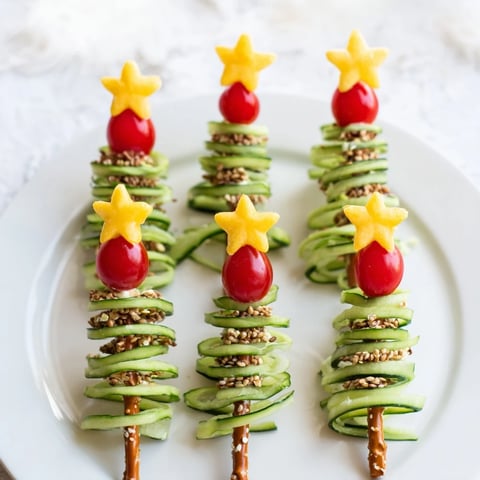 Freshly made Spiral Cucumber Ribbon Christmas Trees appetizer, decorated with cream cheese and cherry tomatoes.