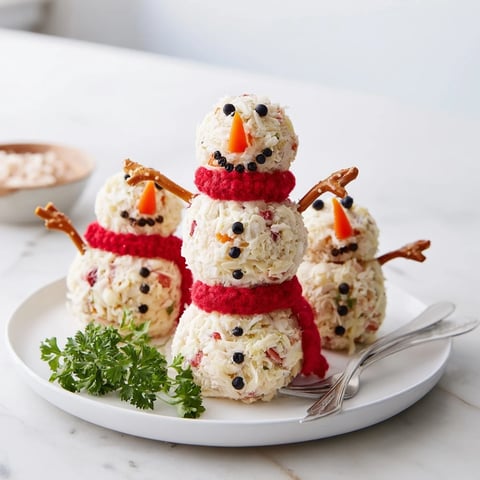 Festive Snowman Cheese Ball Trio, garnished with carrot noses, and ready to be enjoyed with crackers.