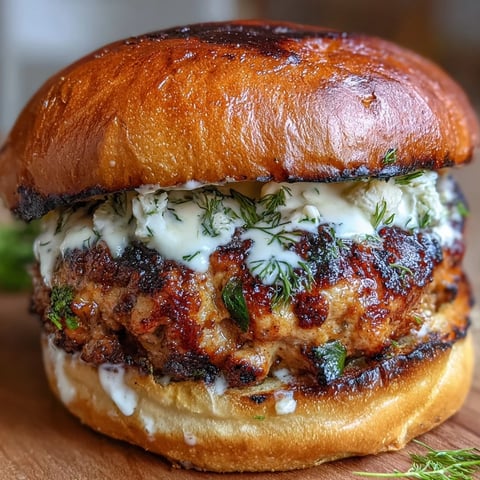 Geröstete griechische Hühnerburger mit cremigem Tzatziki und frischem Salat auf einem Holzbrett serviert