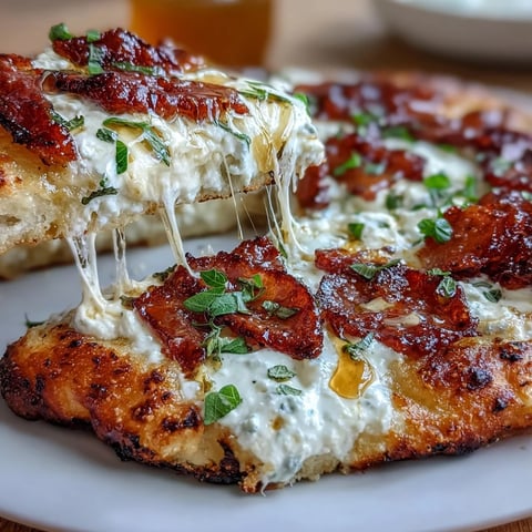 Goldener Käse und knuspriger Teig bei der White Pizza with Beef Prosciutto & Hot Honey aus dem Ofen.  