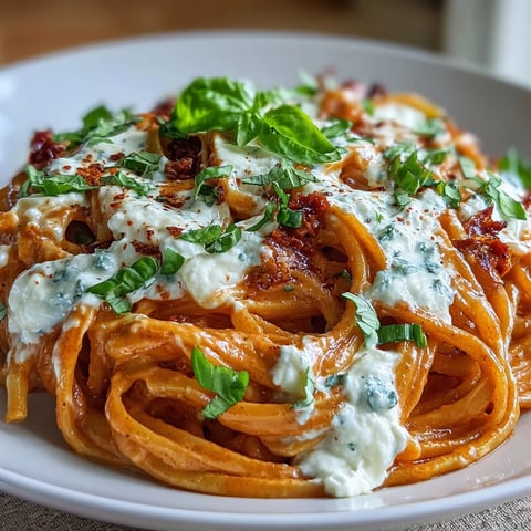 Glänzende Nudeln in cremiger roter Paprika-Sauce, mit frischem Basilikum garniert und einem zarten Burrata-Stück auf dem Teller.