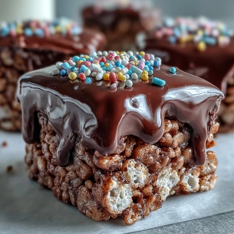 Chocolate Covered Rice Krispy Treats with colorful sprinkles stacked on a white plate, ready to serve at parties.