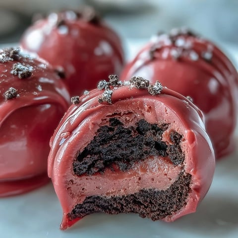 Glatte Oreo Truffle Balls mit knuspriger rosa Zuckerguss, in Nahaufnahme auf einer Partyplatte serviert.