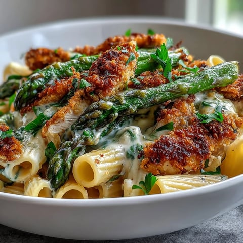 Crispy Parmesan Asparagus Chicken Pasta mit goldener Kruste und knusprigem Gemüse auf Teller.