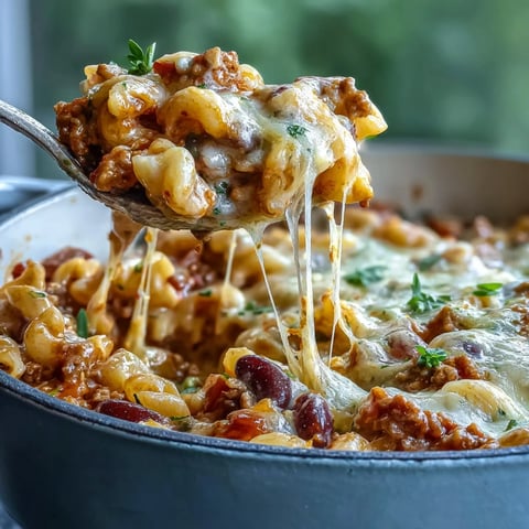 Gebackenes Ranch Truthähnchen Chili Mac, heiß aus dem Ofen, mit geschmolzener Cheddar-Käsehaut und dampfendem Käse.