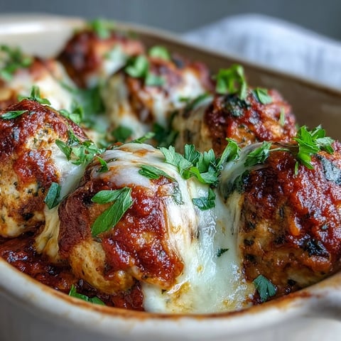 Gebakte scharfe Hähnchen Parmesan Meatballs mit geschmolzenem Mozzarella und Marinara in einer Auflaufform serviert.