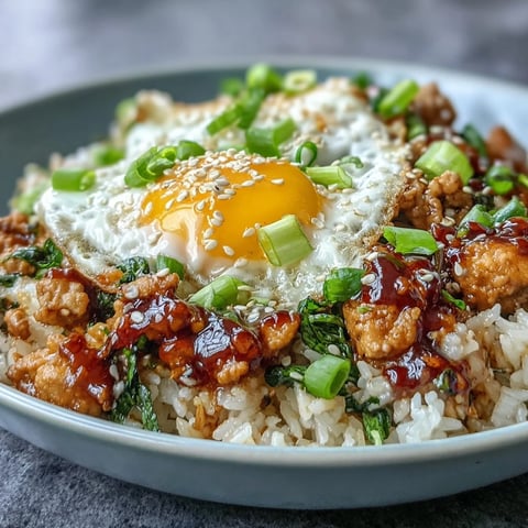 Creamy Korean Turkey Rice Skillet mit teigigem Ei, grünen Zwiebeln und Sesam auf Reis im Topf