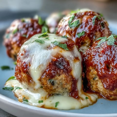 Feurige Baked Spicy Chicken Parm Meatballs mit geschmolzenem Mozzarella auf Marinara, garniert mit frischer Petersilie.